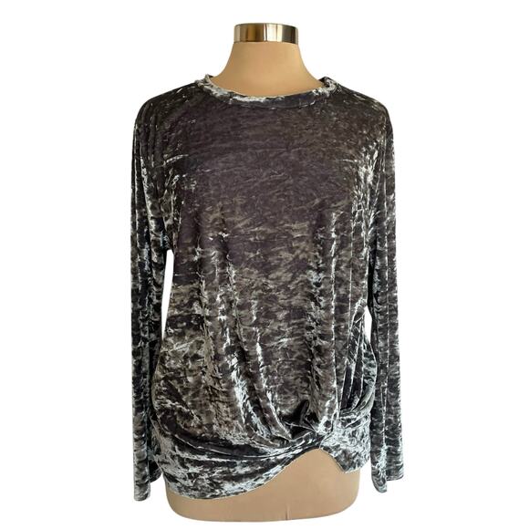 Hummingbird Crushed Velvet Long Sleeve Top Gray-Green Knotted Front Hem LARGE - Picture 1 of 6